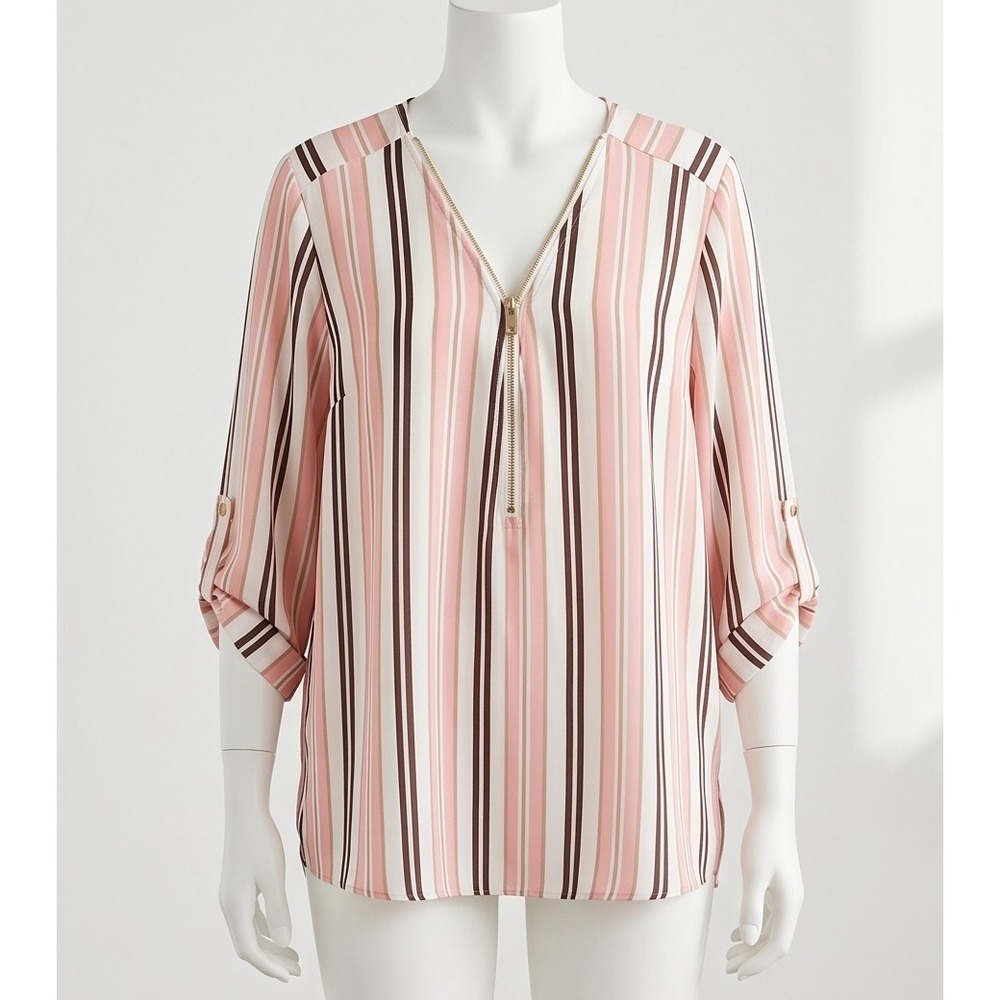 New Look Plus 2XL Pink White Brown Striped Zip V-Neck‎ 3/4 Sleeve Blouse